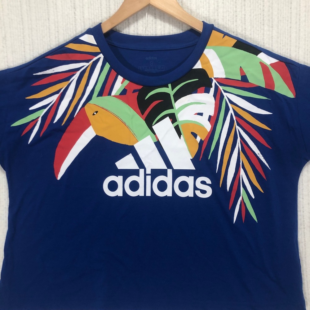 Adidas Graphic Crop T-Shirt Toucan Tropical Print Short Sleeve Top Size S